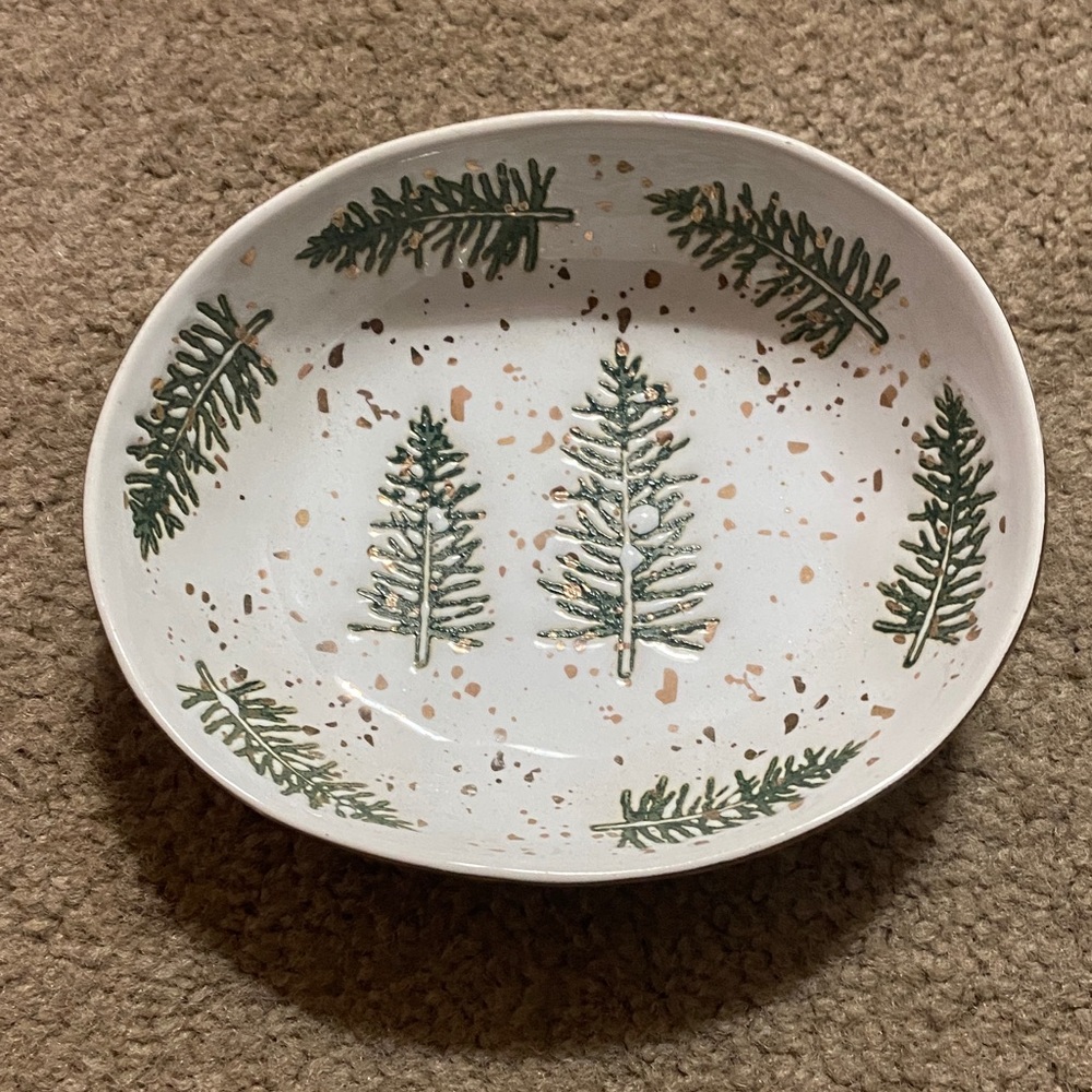 Creative CoOp Oval Ceramic Plate with Pine Tree Design